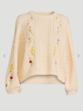 The Great Cream Cable-Knit Floral Embroidered Sweater